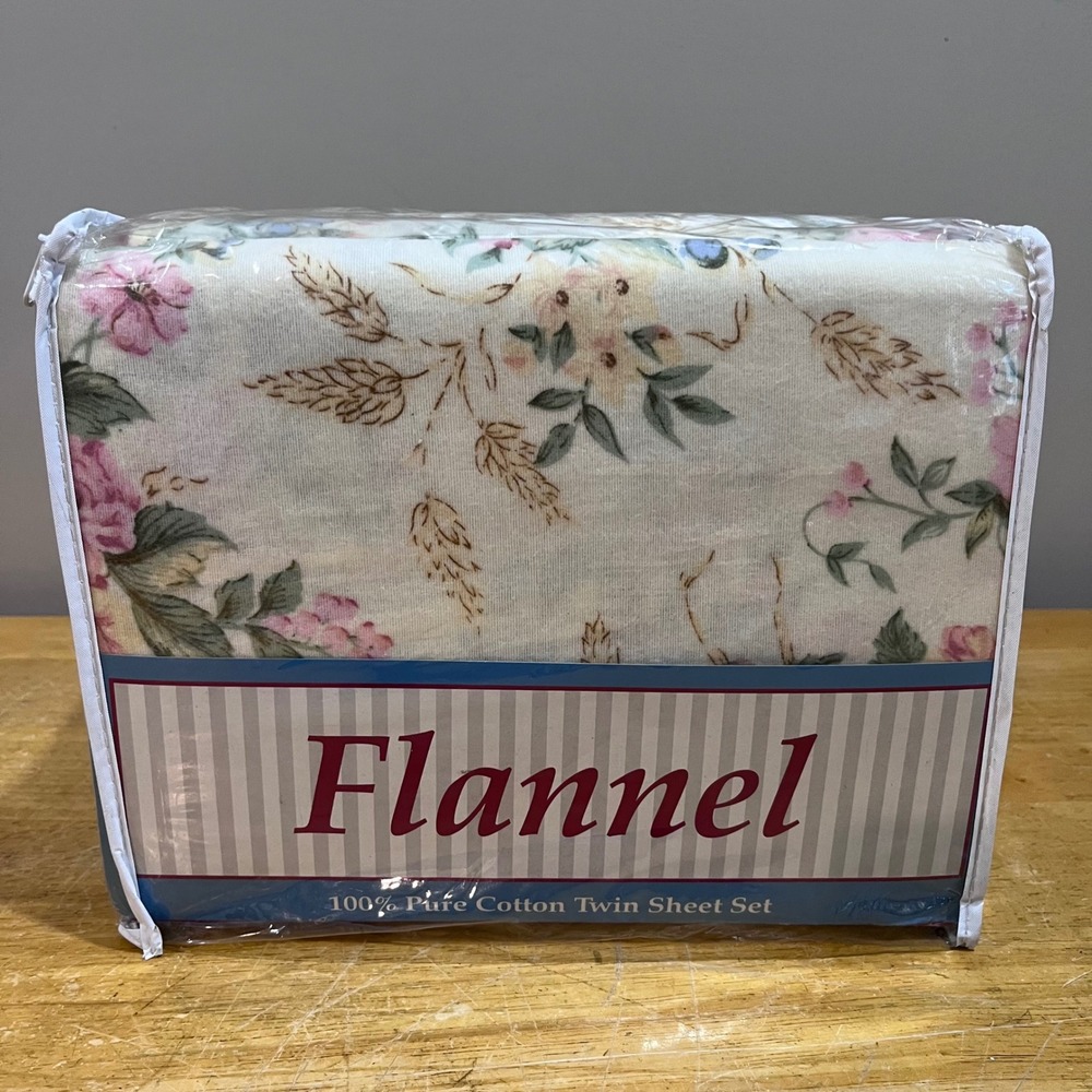 Ames Vintage Floral cottage Cotton Flannel Twin Sheet Set Pink Purple Cream NEW